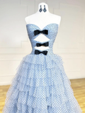Unique Sweetheart Neck Tulle Blue Long Prom Dress HZ1024