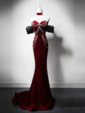 Unique Mermaid Velvet Burgundy Long Prom Dress HZ1024