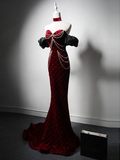 Unique Mermaid Velvet Burgundy Long Prom Dress HZ1024