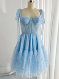 A-Line Sweetheart Neck Tulle Blue Short Homecoming Dresses HZ1024
