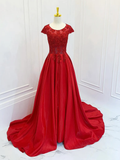 A-Line Scoop Neckline Satin Lace Burgundy Long Prom Dress HZ1024