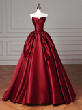 Simple A line Satin Burgundy Long Prom Dress HZ1024