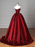 Simple A line Satin Burgundy Long Prom Dress HZ1024