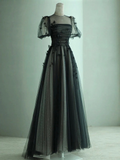 A-Line Tulle Butterfly Long Black Prom Dress HZ1024