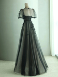 A-Line Tulle Butterfly Long Black Prom Dress HZ1024