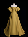 Simple Yellow A-line Satin Long Prom Dress HZ1024