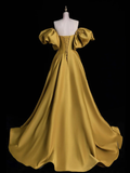 Simple Yellow A-line Satin Long Prom Dress HZ1024