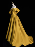 Simple Yellow A-line Satin Long Prom Dress HZ1024