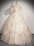 Vintage Ball Gown Champagne Sweetheart Neck Tulle Long Sweet 16 Dress HZ1024