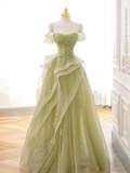 A-Line Off Shoulder Tulle Lace Green Long Prom Dress HZ1024