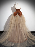 Mermaid Satin Tulle Long Brown Prom Dress HZ1024