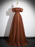 Simple A line Satin Brown Long Prom Dress HZ1024
