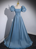 Simple A-Line Satin Blue Long Prom Dress HZ1024