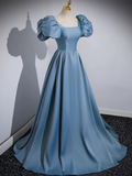 Simple A-Line Satin Blue Long Prom Dress HZ1024