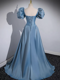 Simple A-Line Satin Blue Long Prom Dress HZ1024