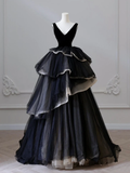 Ball Gown Black V Neck Tulle Velvet Sweet 16 Dress HZ1024