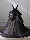 Ball Gown Black V Neck Tulle Velvet Sweet 16 Dress HZ1024