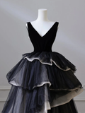 Ball Gown Black V Neck Tulle Velvet Sweet 16 Dress HZ1024