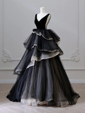 Ball Gown Black V Neck Tulle Velvet Sweet 16 Dress HZ1024