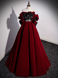 A-Line Off Shoulder Velvet Lace Burgundy Long Prom Dress HZ1024