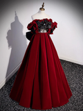 A-Line Off Shoulder Velvet Lace Burgundy Long Prom Dress HZ1024