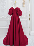 A-Line Puff Sleeves Satin Dark Red Long Prom Dress HZ1024