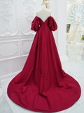 A-Line Puff Sleeves Satin Dark Red Long Prom Dress HZ1024