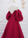 A-Line Puff Sleeves Satin Dark Red Long Prom Dress HZ1024
