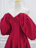 A-Line Puff Sleeves Satin Dark Red Long Prom Dress HZ1024