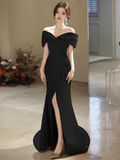 Simple Off Shoulder Satin Mermaid Black Long Prom Dress HZ1024