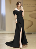 Simple Off Shoulder Satin Mermaid Black Long Prom Dress HZ1024