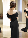 Simple Off Shoulder Satin Mermaid Black Long Prom Dress HZ1024