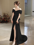 Simple Off Shoulder Satin Mermaid Black Long Prom Dress HZ1024