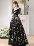 Black A-Line Tulle Lace Long Prom Dress HZ1024