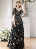 Black A-Line Tulle Lace Long Prom Dress HZ1024