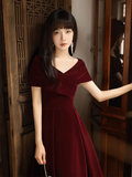 Simple V Neck Velvet Burgundy Long Prom Dress HZ1024