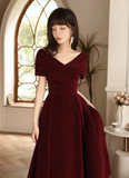 Simple V Neck Velvet Burgundy Long Prom Dress HZ1024