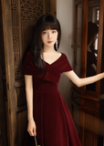Simple V Neck Velvet Burgundy Long Prom Dress HZ1024