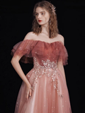A-Line Tulle Lace Burgundy Long Prom Dress HZ1024