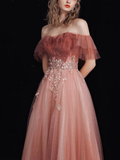 A-Line Tulle Lace Burgundy Long Prom Dress HZ1024