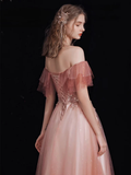 A-Line Tulle Lace Burgundy Long Prom Dress HZ1024