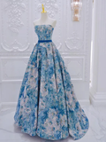 A-Line Flower Satin Blue Long Prom Dress HZ1024
