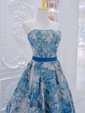 A-Line Flower Satin Blue Long Prom Dress HZ1024