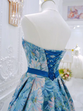A-Line Flower Satin Blue Long Prom Dress HZ1024