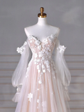 A-Line Long Sleeves Tulle Lace Champagne Long Prom Dress HZ1024