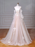 A-Line Long Sleeves Tulle Lace Champagne Long Prom Dress HZ1024