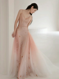 A-Line V Neck Tulle Pink Long Prom Dress HZ1024