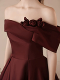 A-Line Off Shoulder Satin Burgundy Long Prom Dress HZ1024