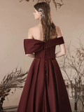 A-Line Off Shoulder Satin Burgundy Long Prom Dress HZ1024