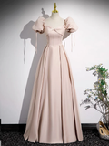 Simple A line Pink Satin Long Prom Dress HZ1024